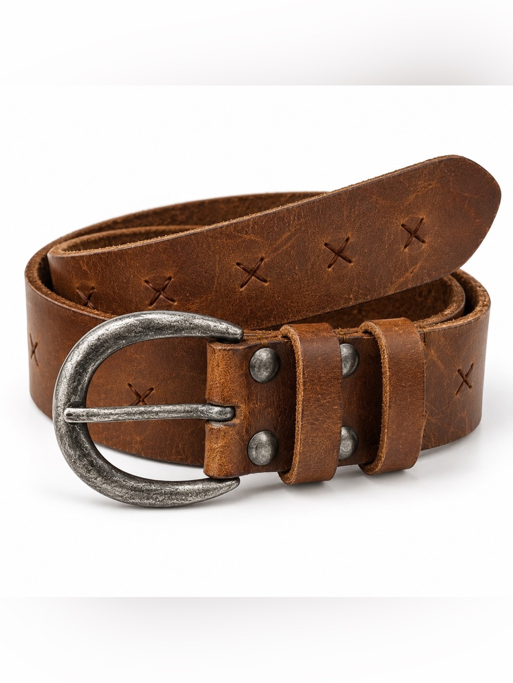 Free People Brown Buffalo Leather Belt M/L Wide Boho Western Metal Buckle
